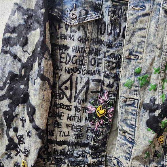 Smoke Rise Graffiti Denim Jacket L Sheffield Embroidered Paint Goth Grunge Clean - Picture 3 of 11